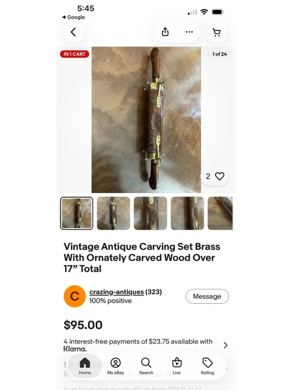 Old Meat Carving Set w/ Brass and Wood Carved Handles and Knife and Fork Stand